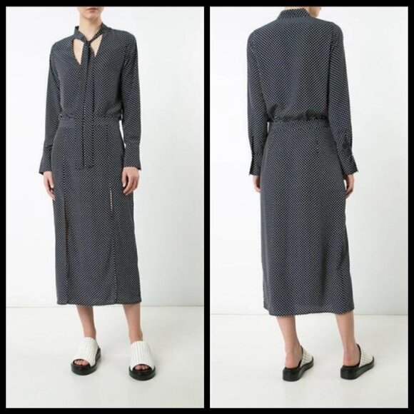 💕ALEXIS💕 Noelle Polka-dot Tie-neck Slit Midi Dress ~ Navy Blue XS - Picture 9 of 16